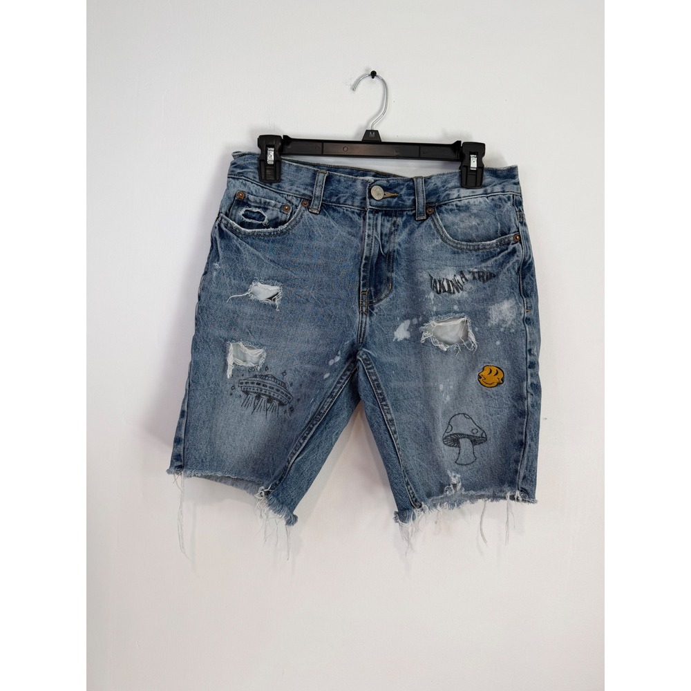 PacSun Skinny Distressed Graphic Jean Shorts Mens 30 Mushroom UFO Palm Tree Blue